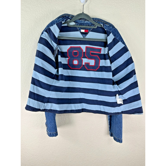 Vintage Tommy Jeans Denim Jacket XL Tag Fits S/M – Y2K Varsity 85 Striped Lining - Picture 3 of 6